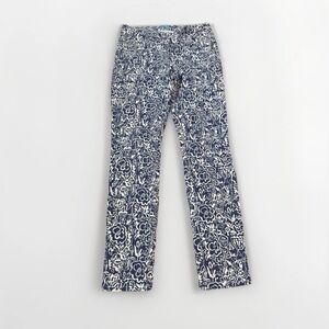 J McLaughlin Blue White Floral Print Pants Size 6 Preppy Stretch Straight Leg
